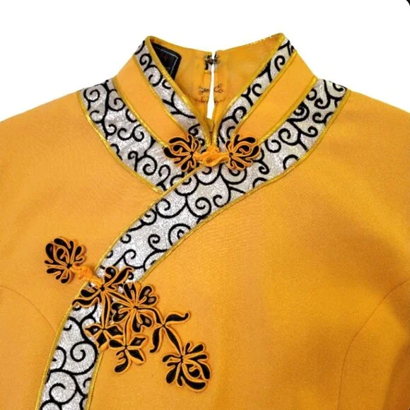 Golden Brocade Mandarin Qipao Dress – Elegant Cheongsam style Formal Wear - Picture 7 of 12